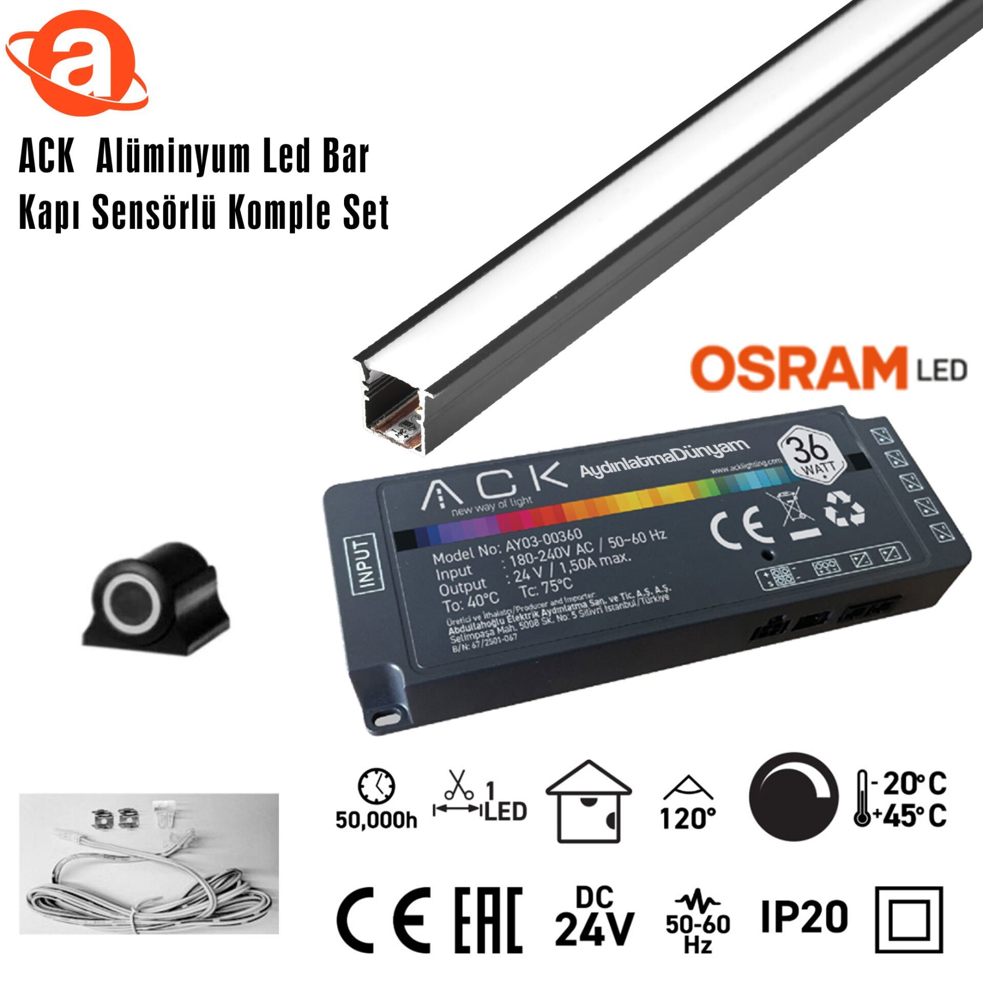 ACK AB01-03233 24V Alüminyum Led Bar 6500K 3Mt Kapı Sensörlü Komple Set