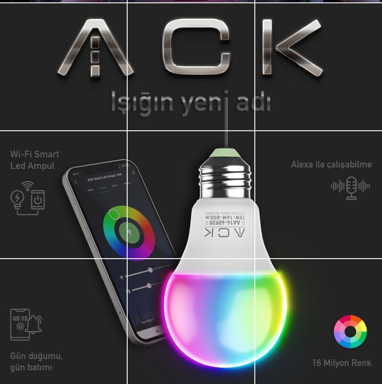ACK AA14-60920 10W E27 Wi-Fi Akıllı Led Ampul