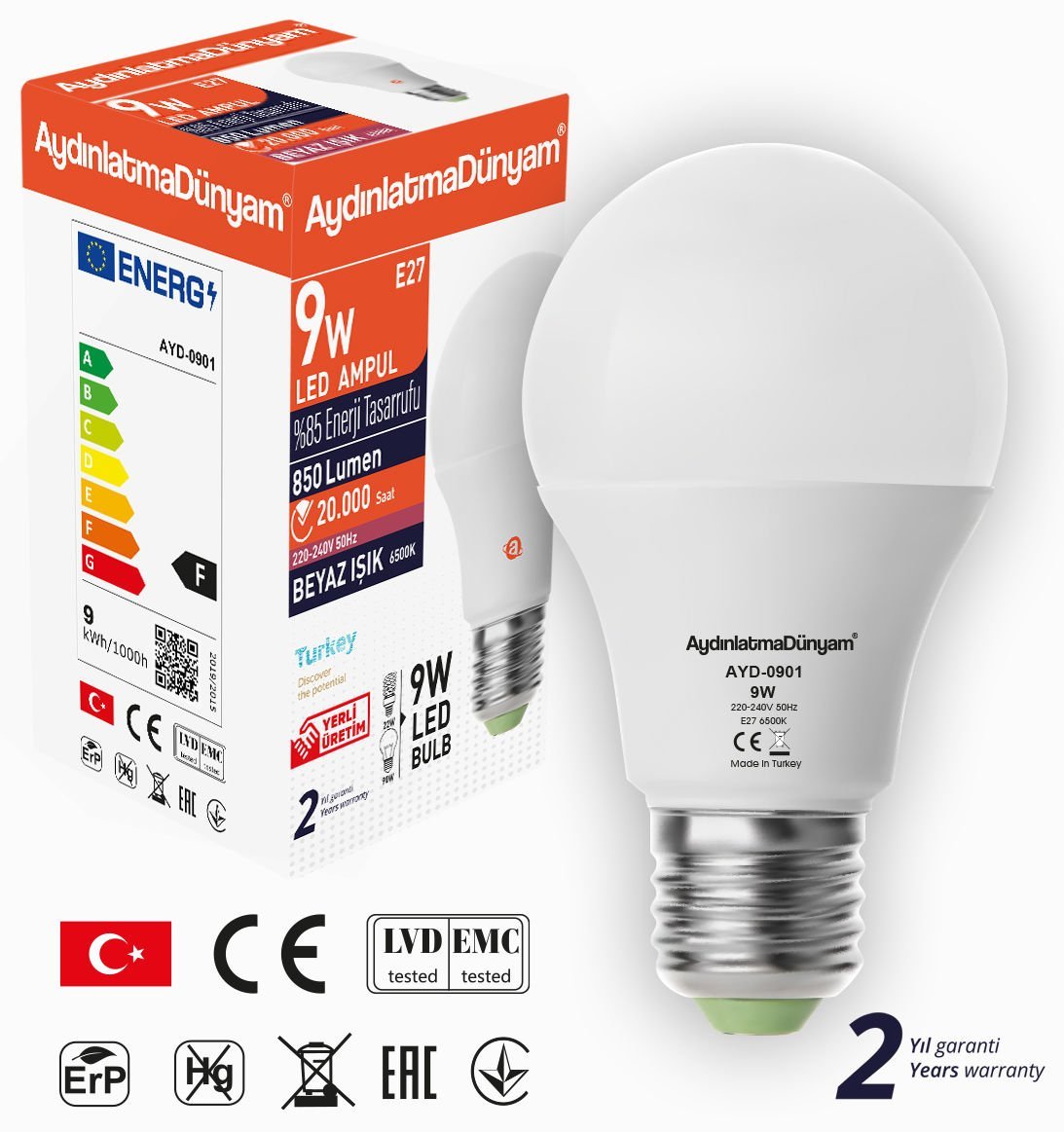 Aydınlatma Dünyam 9W Led Ampul E27 6500K Beyaz AYD-0901