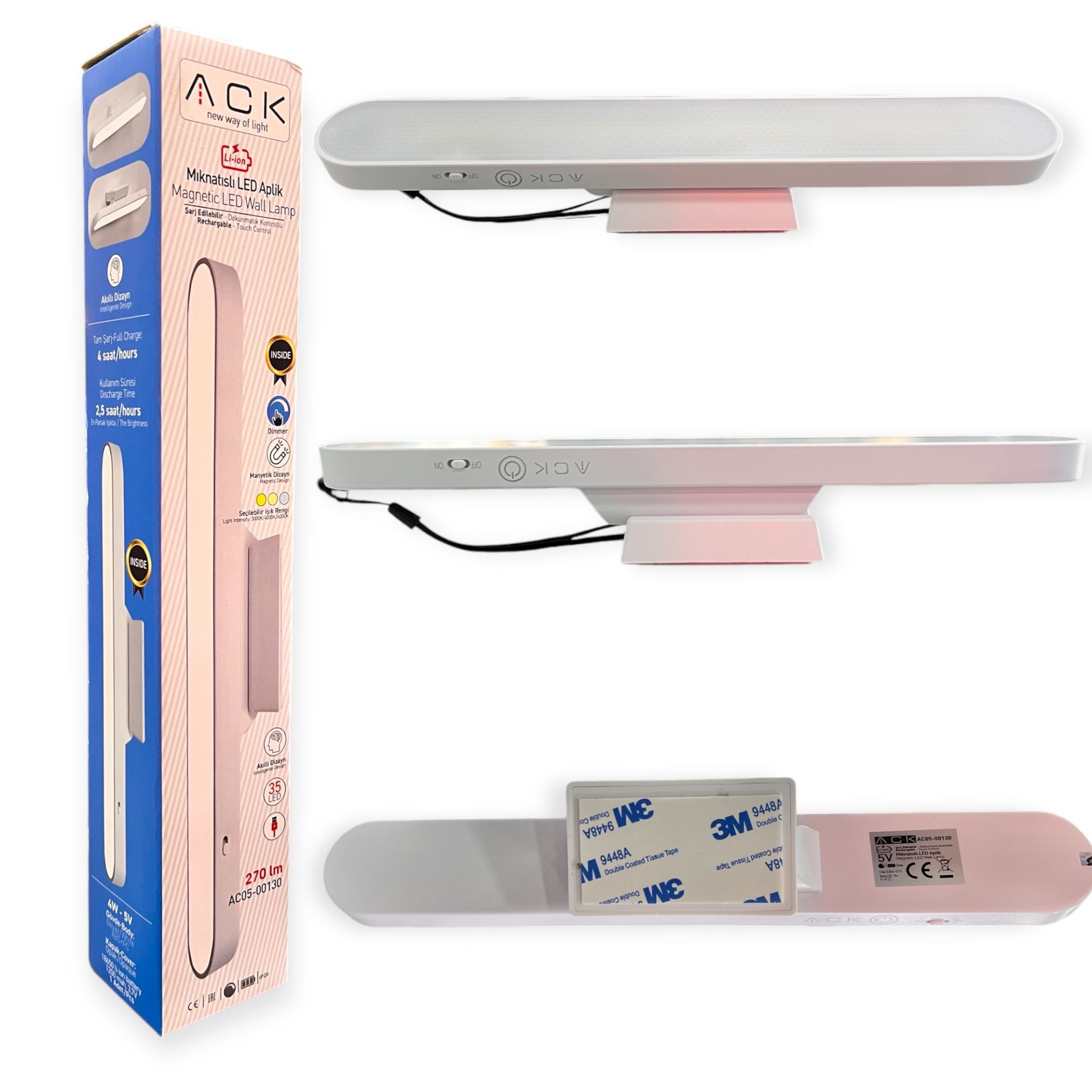 ACK Şarjlı Dokunmatik Dimli Beyaz Gövde Mıknatıslı Led Aplik 4W Ip20 AC05-00130