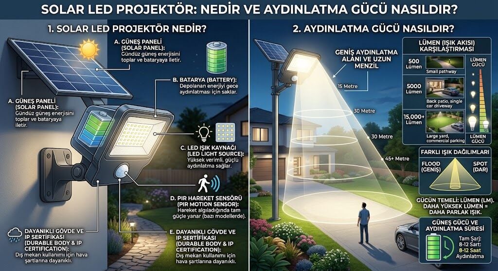 Solar LED Projektör Nedir? Aydınlatma Gücü ve Özellikleri