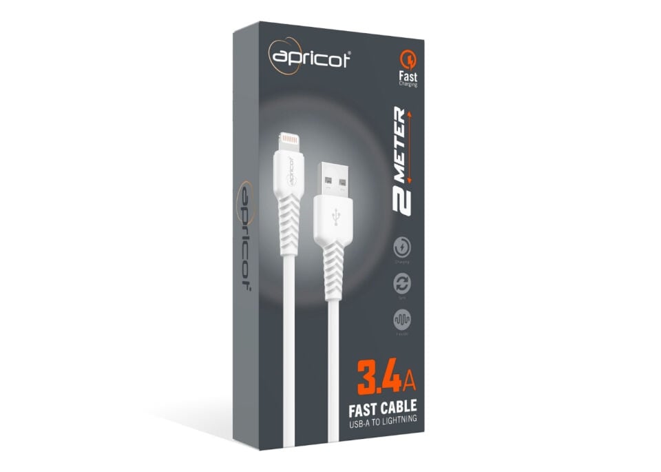 Apricot APC-S330L 2 Metre QC3.4  Lightning Beyaz Hizli Data + Sarj Kablosu