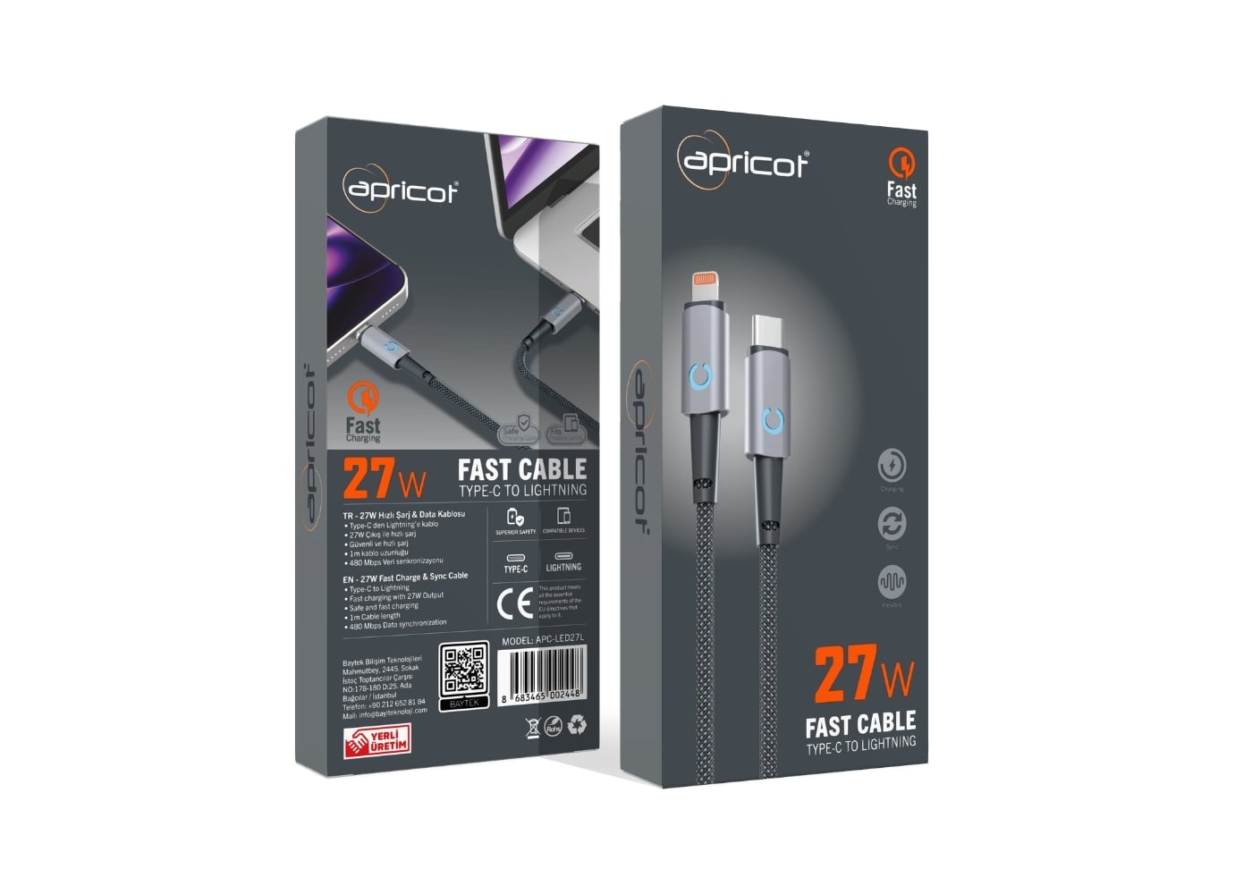 Apricot APC-LED27L Type-C to Lightning 27W LED Isikli Hizli Sarj + Data Kablosu