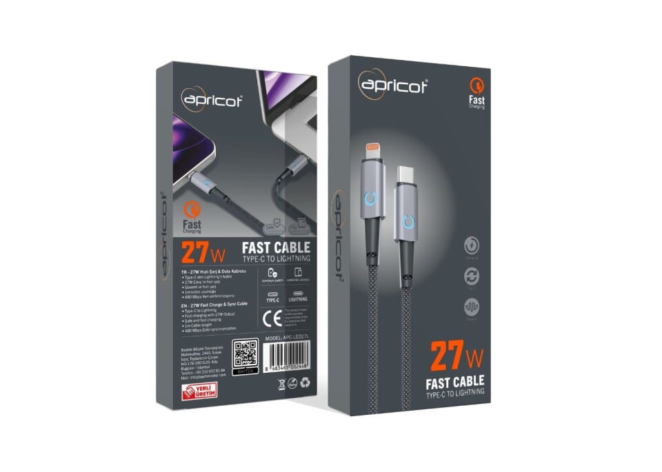 Apricot APC-LED27L Type-C to Lightning 27W LED Isikli Hizli Sarj + Data Kablosu