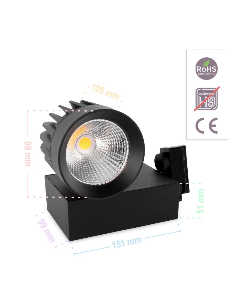 ACK 30W Sıyah 3000K Cob Led Monofaze Ray Armatürü AD30-04501