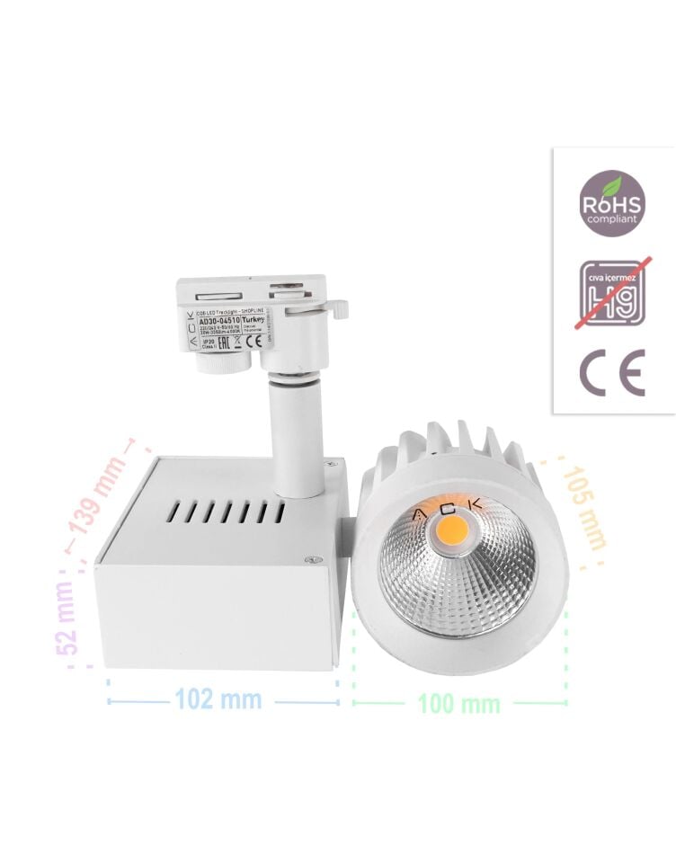 ACK 30W Beyaz 4000K Cob Led Monofaze Ray Armatürü AD30-04510