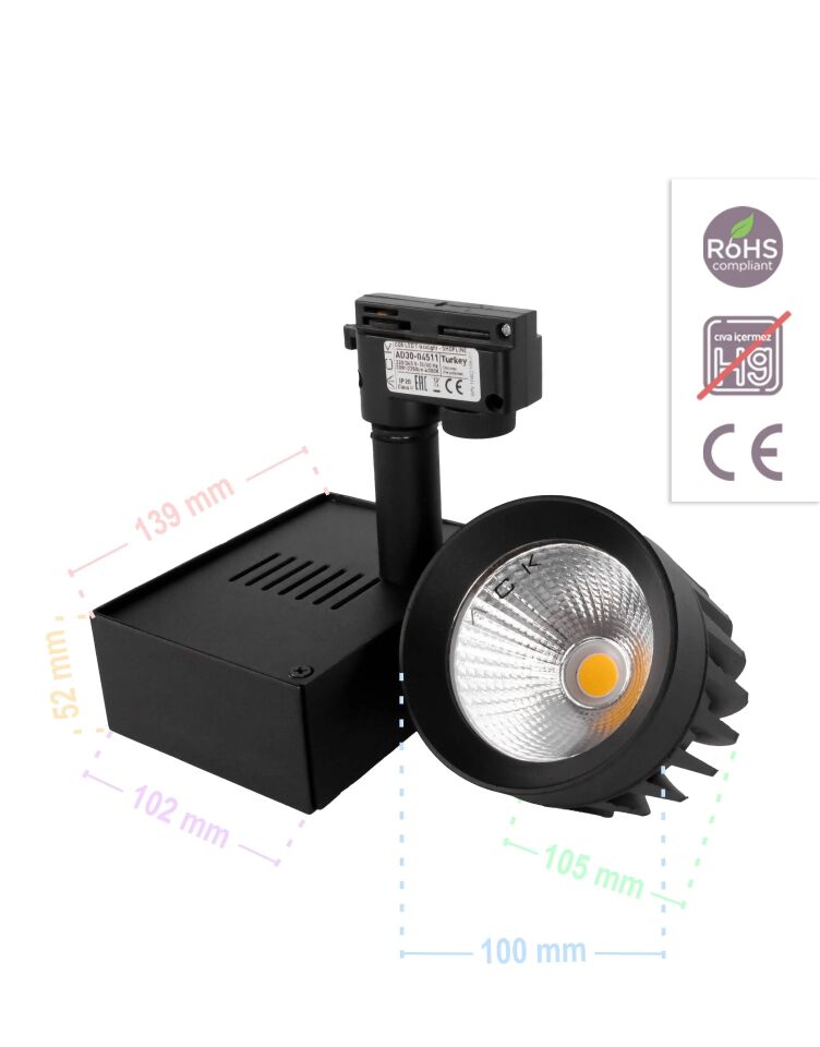 ACK 30W Sıyah 4000K Cob Led Monofaze Ray Armatürü AD30-04511