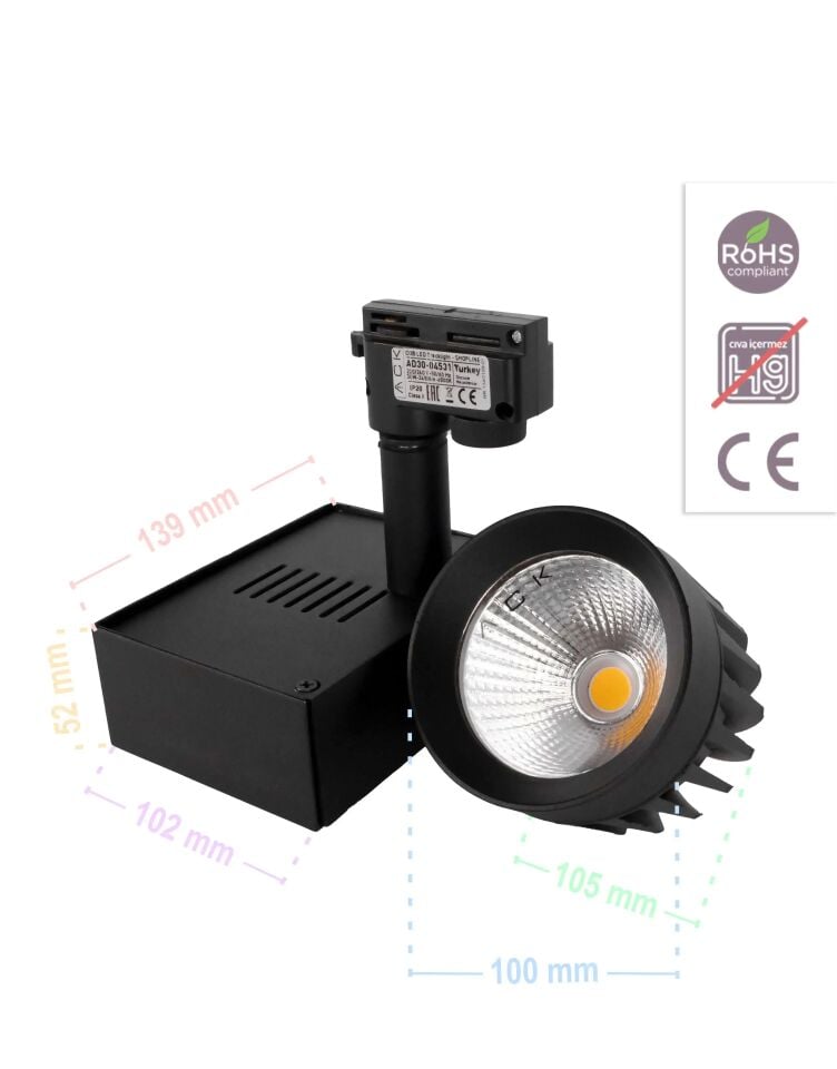 ACK 30W Sıyah 6500K Cob Led Monofaze Ray Armatürü AD30-04531