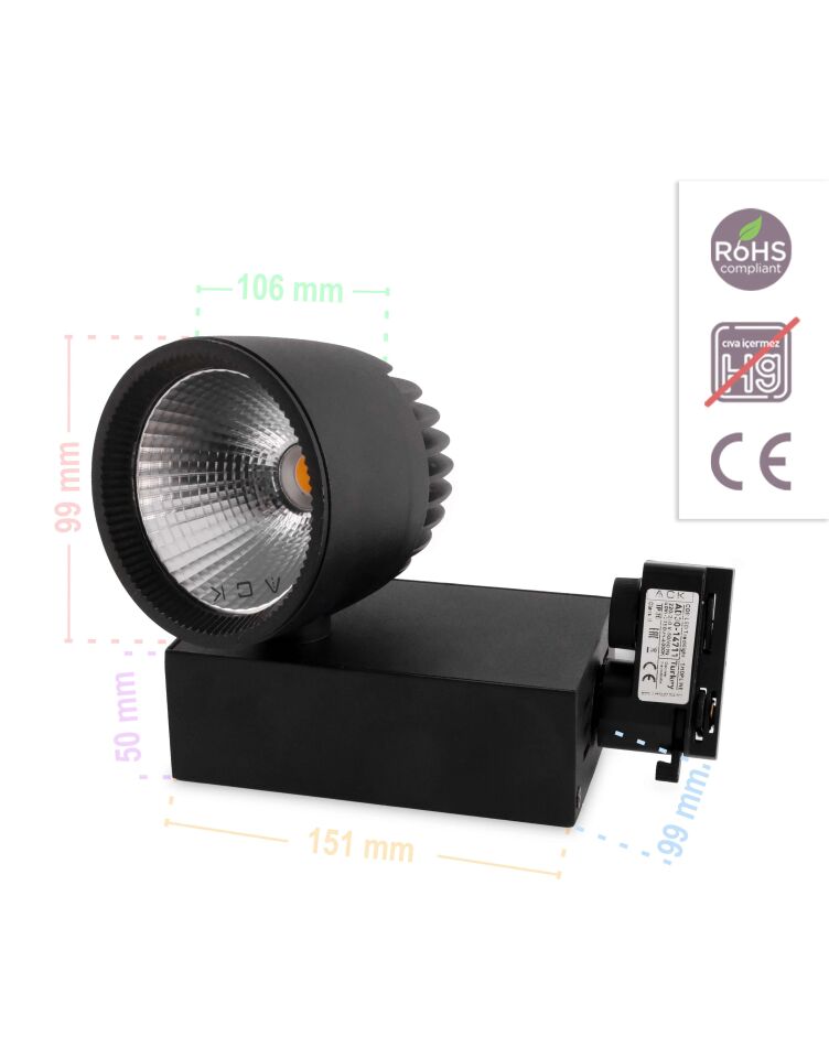 ACK 40W Sıyah 4000K Cob Led Monofaze Ray Armatürü AD30-14711