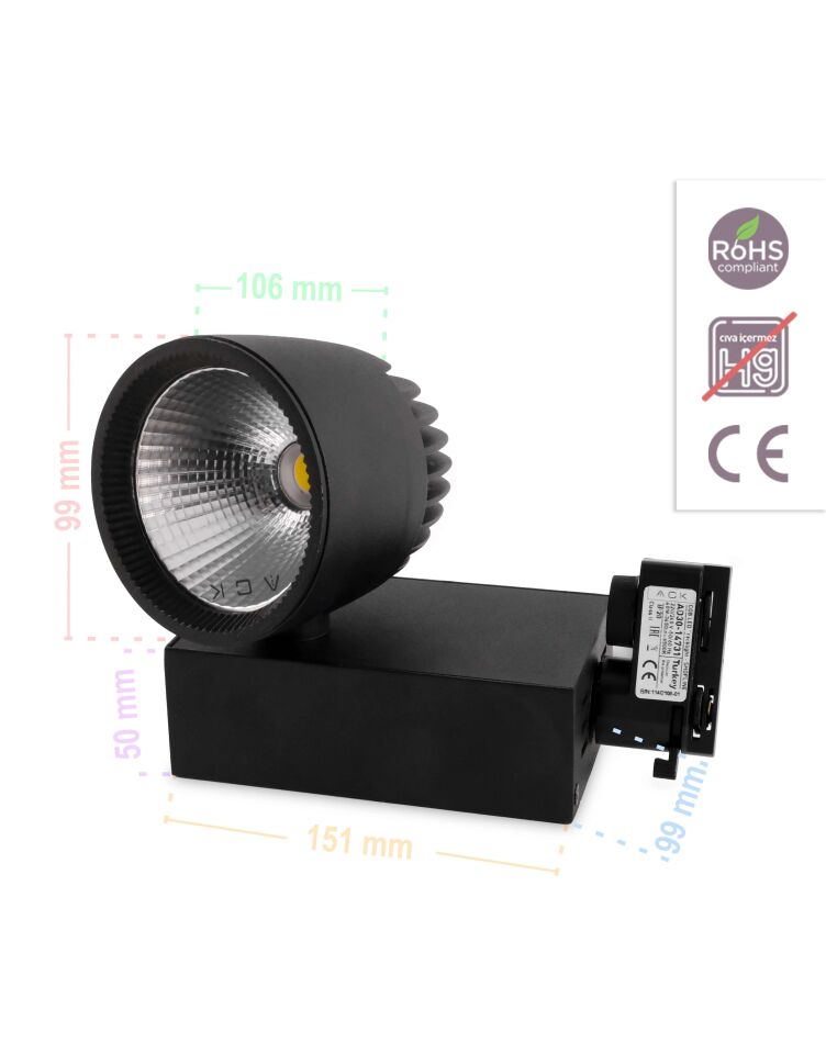 ACK 40W Sıyah 6500K Cob Led Monofaze Ray Armatürü AD30-14731