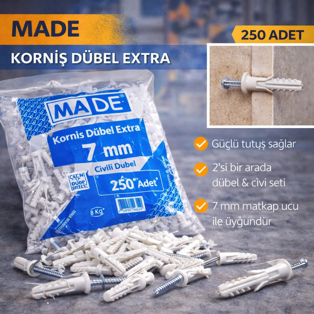 Made Kornis Dübel Extra  7Mm  Çivili Dübel 250 Adet