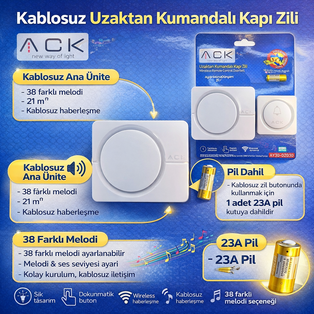 ACK 32 Melodili Uzaktan Kumandali Zil Beyaz