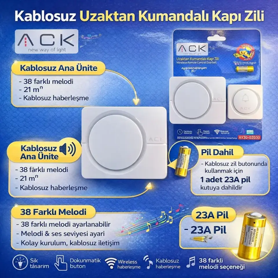 ACK 32 Melodili Uzaktan Kumandali Zil Beyaz