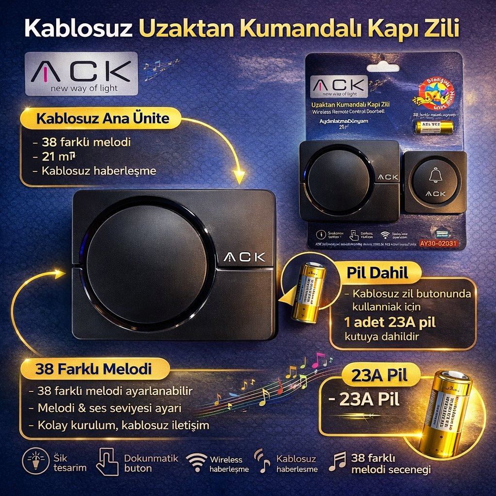 ACK 32 Melodili Uzaktan Kumandali Zil Siyah