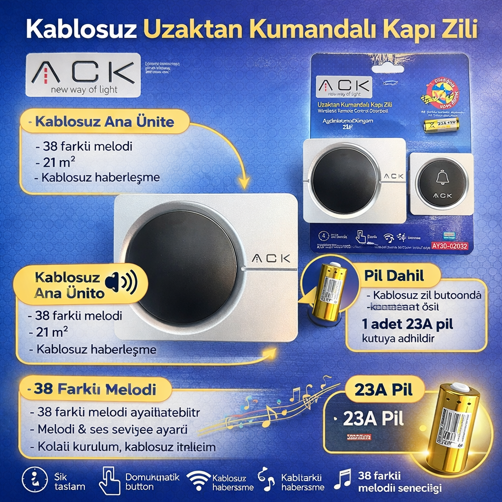 ACK 32 Melodili Uzaktan Kumandali Zil Gri/Siyah