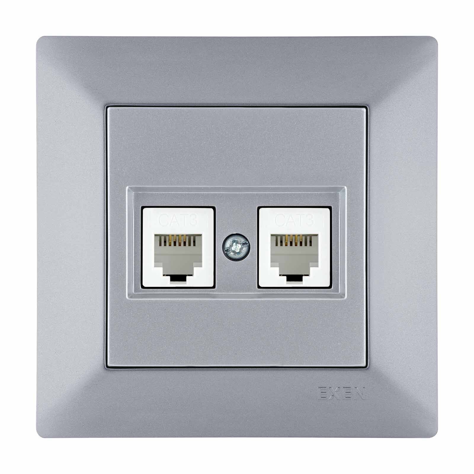 Exen Odak Gümüs Ikili Nümeris Telefon Prizi (2Xrj45 Cat3) Komple Takim