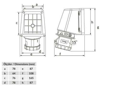 Bemis  3/16A. 90° Eğik Duvar Priz IP67 BC1-1103-7535