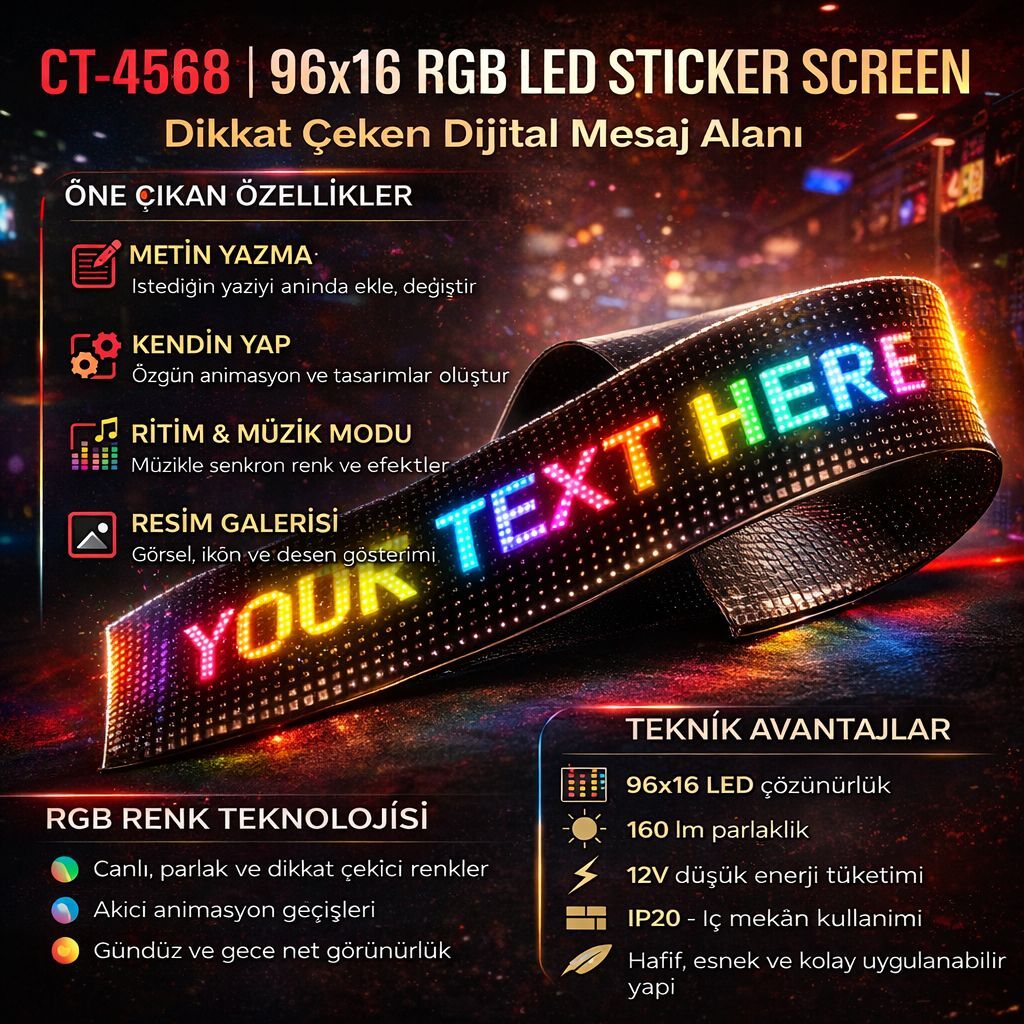 CATA CT-4568 Sticker Scren Rgb Kumandali Ritim Müzikli 96X16 Cm