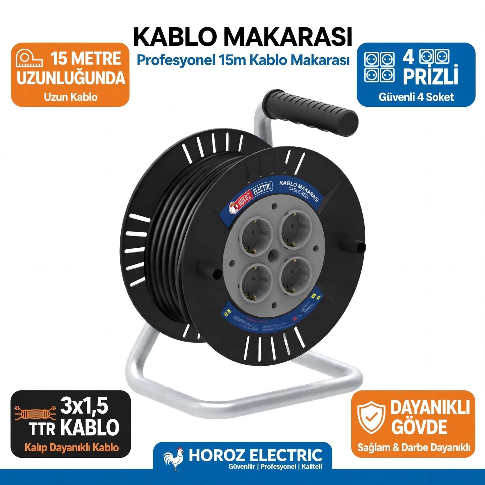 Horoz 310-015-401 Spin 1 Seyyar Plastik Makara 15 Mt 3X1,5 Mm