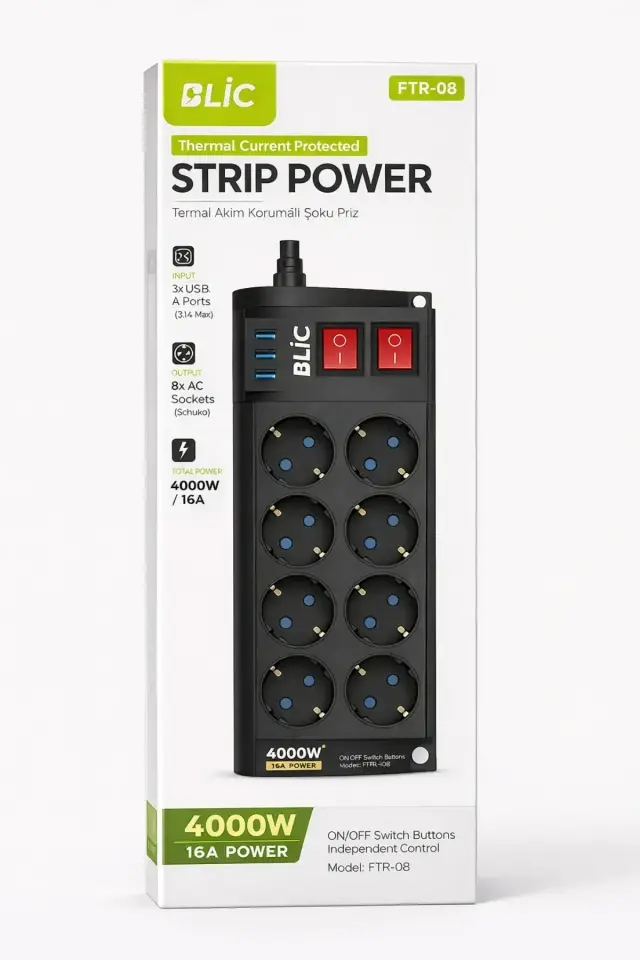 Strip Power Termal Akim Korumali 8Li Usbli Priz