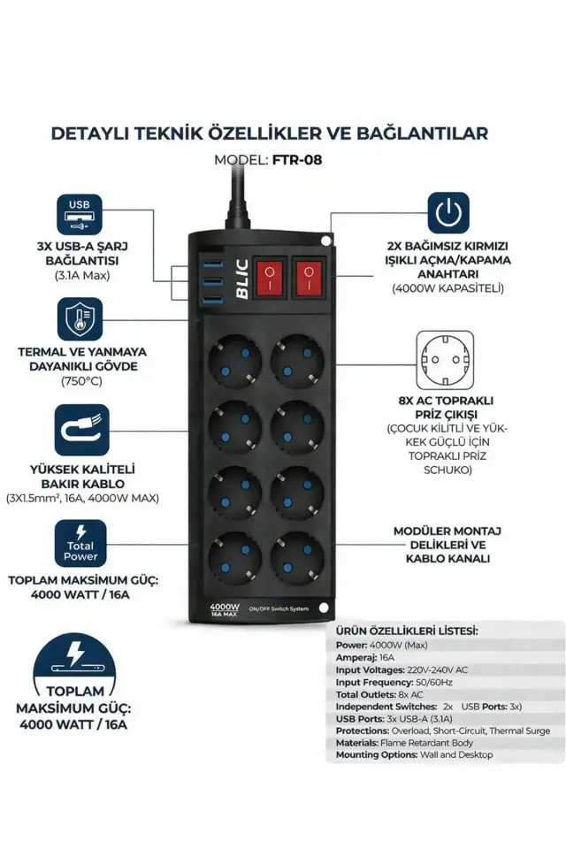 Strip Power Termal Akim Korumali 8Li Usbli Priz