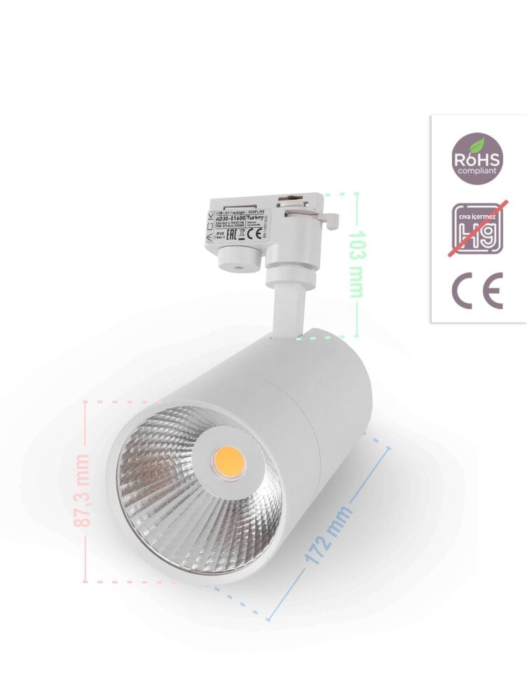 Ack 30W Beyaz 3000K Cob Led Monofaze Ray Armatürü