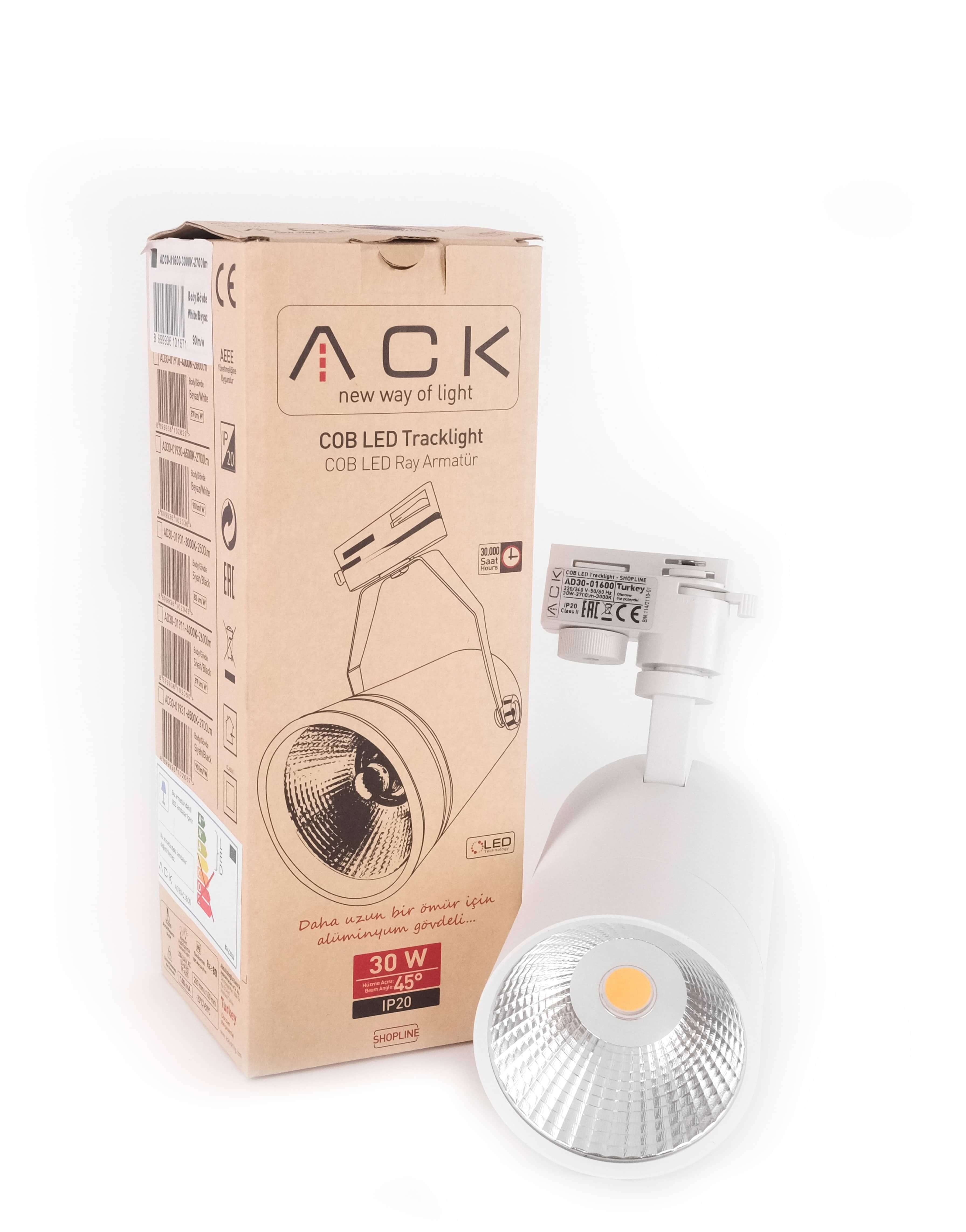 Ack 30W Beyaz 3000K Cob Led Monofaze Ray Armatürü