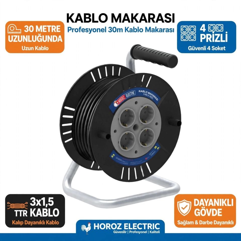 Horoz 310-030-201 Roll 2 Seyyar Plastik Makara 30 Mt 3X1,5 Mm