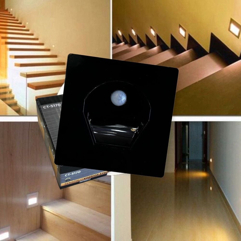 Cata 1W Sensörlü Fotoselli Koridor Led Aydınlatma CT-5170 Beyaz Işık Siyah