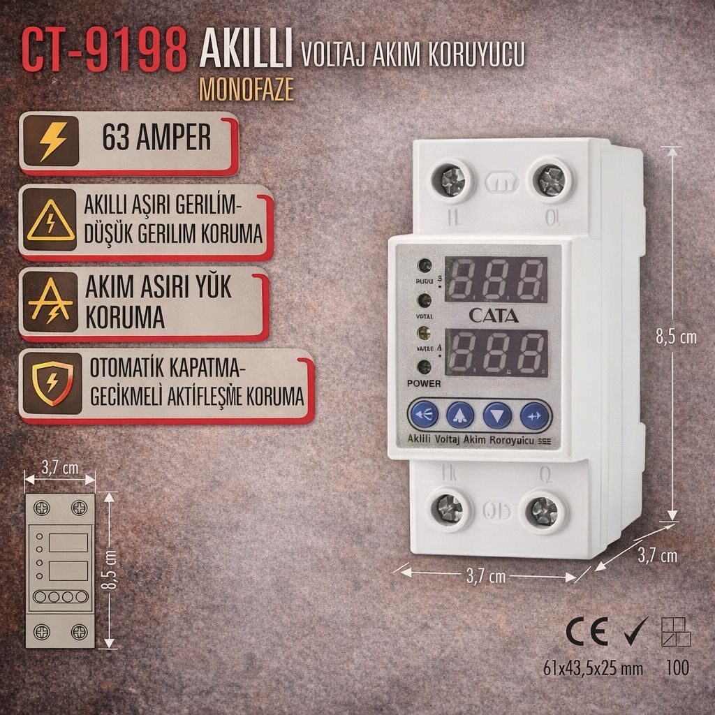 CATA CT-9198 Akilli Voltaj Akim Koruyucu Monofaze 63 Amper