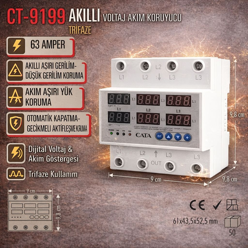 CATA CT-9199 Akilli Voltaj Akim Koruyucu Trifaze 63 Amper