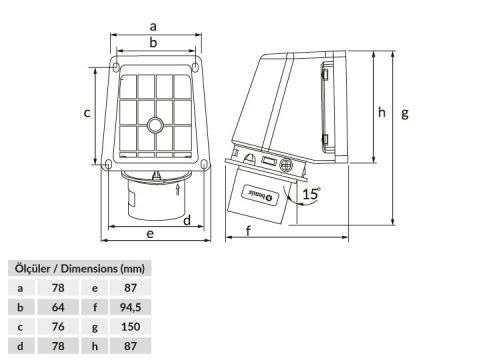 Bemis  3/32A. 90° Eğik Duvar Fiş IP44 BC1-3103-2236