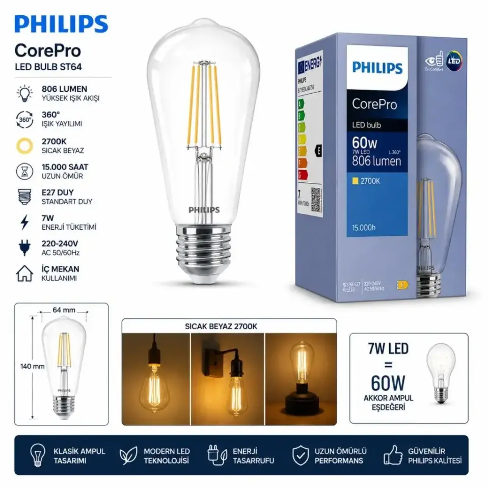 Philips ST64 Ampul CorePro Led 60W 2700K E27 Duy