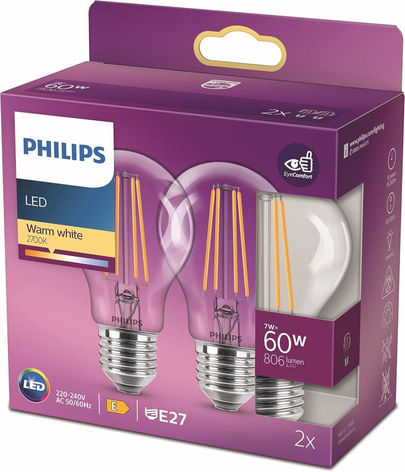 Philips Filament Ampul Seffaf 60 W A60 E27 2700K 2 Li Paket