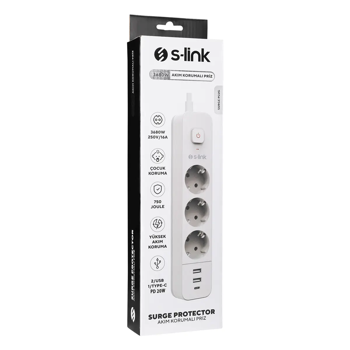 S-link Akim Korumali Beyaz + Gri Priz SPG3-PD20 2 USB 3.4A + 1 Type C PD20W H05VV-F 3G1.0mm, 1.5m 3 lü 306 J