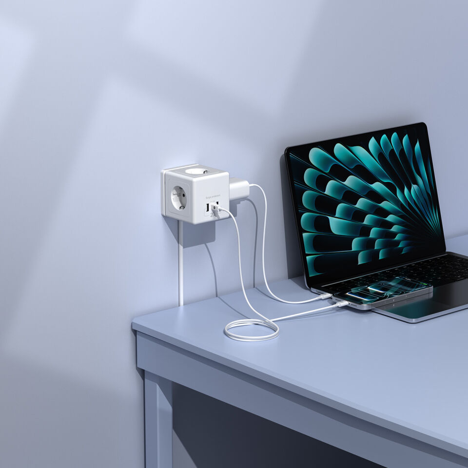 S-link PRZ04 4 Soketli 2 USB 1 Type-C PD20 2M 306 Joule Tam Bakir Küp Beyaz Akim Korumali Priz