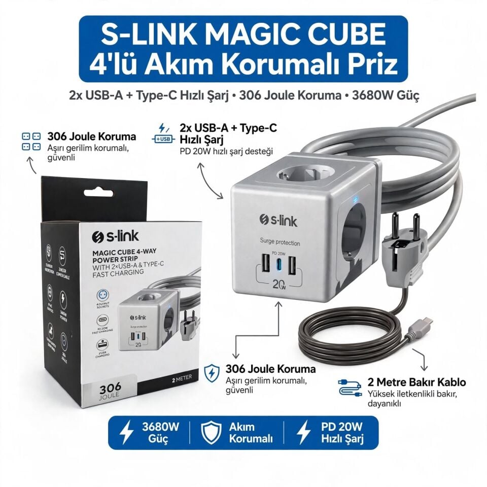 S-link PRZ04 4 Soketli 2 USB 1 Type-C PD20 2M 306 Joule Tam Bakir Küp Beyaz Akim Korumali Priz