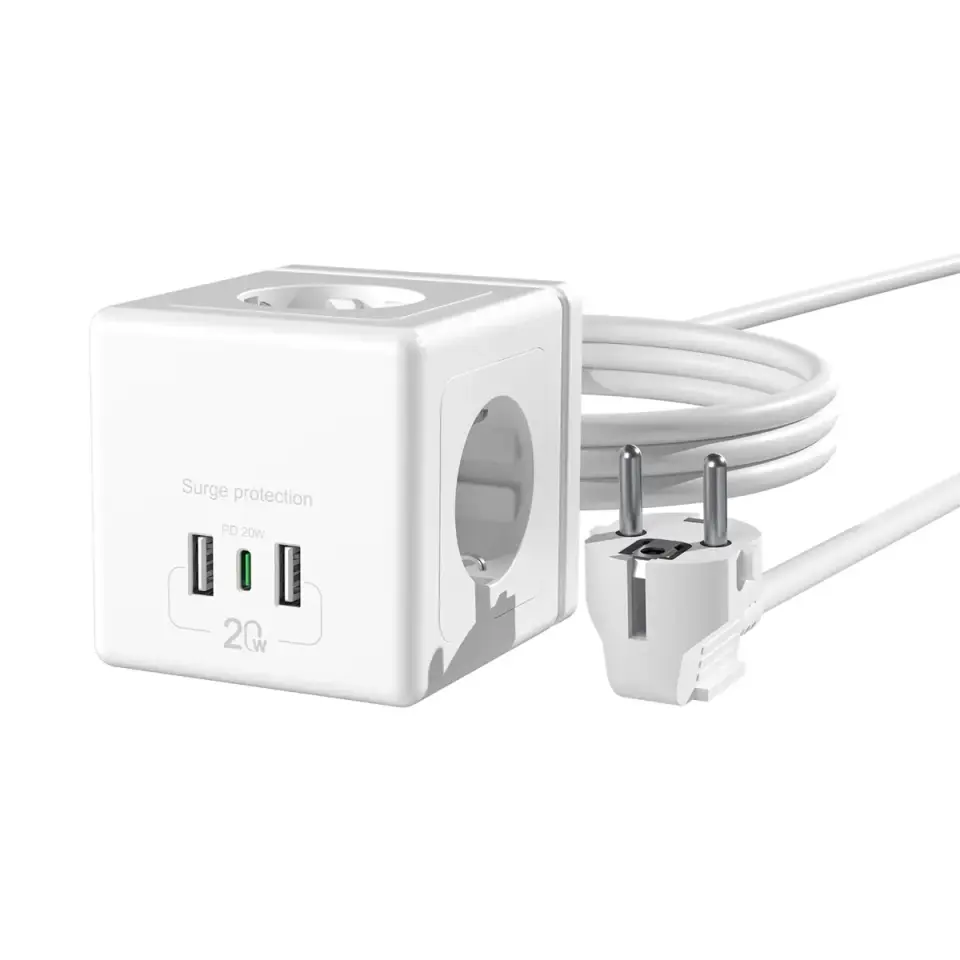 S-link PRZ04 4 Soketli 2 USB 1 Type-C PD20 2M 306 Joule Tam Bakir Küp Beyaz Akim Korumali Priz