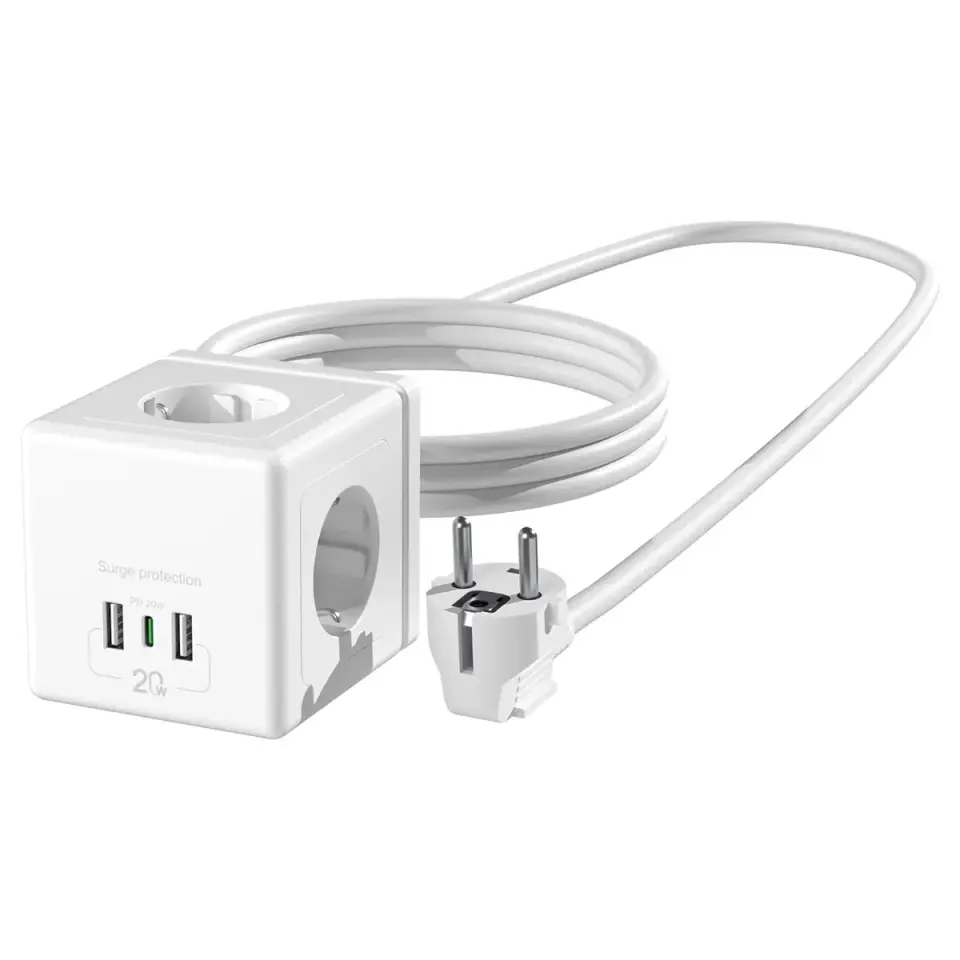 S-link PRZ04 4 Soketli 2 USB 1 Type-C PD20 2M 306 Joule Tam Bakir Küp Beyaz Akim Korumali Priz