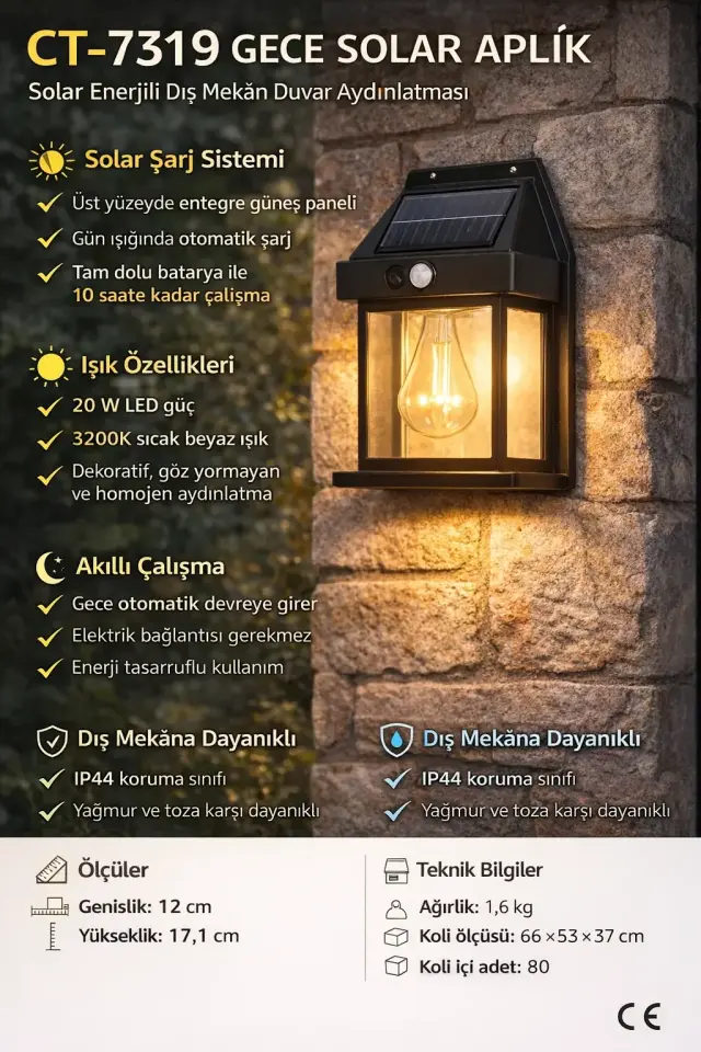 CATA CT-7319 Gece Solar Aplik 20W Gunisigi