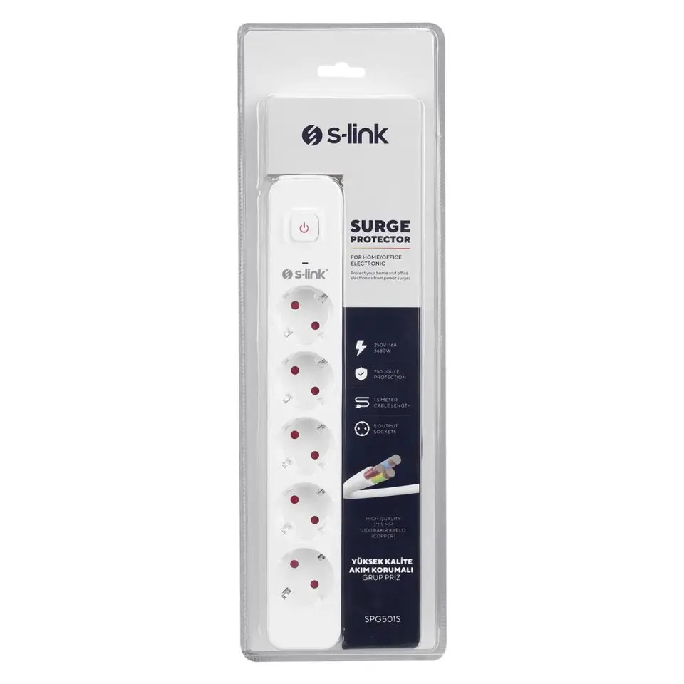S-link SPG501S 1.5m 1.5mm 100% Bakir 750 Joule 5 li Anahtarli Akim Korumali Priz