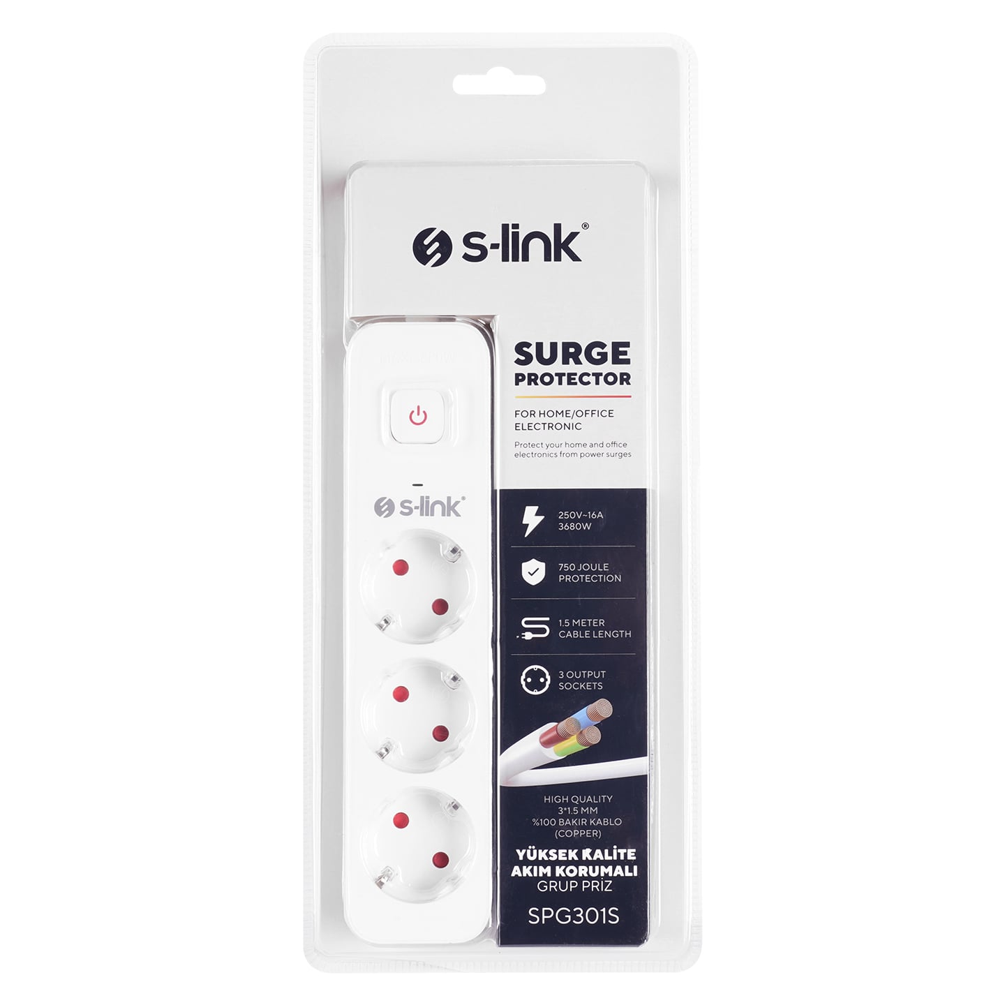 S-link SPG301S 1.5m 3x1.5mm 100% Bakir 750 Joule 3 lü Anahtarli Akim Korumali Priz