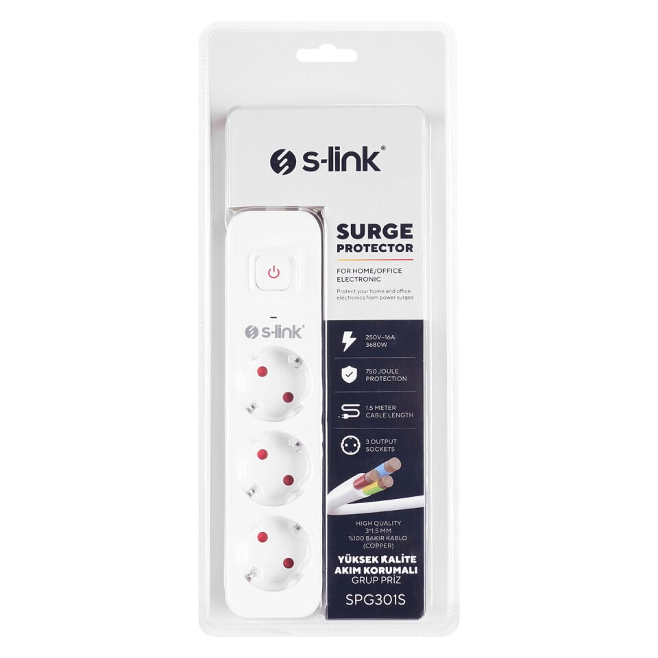 S-link SPG301S 1.5m 3x1.5mm 100% Bakir 750 Joule 3 lü Anahtarli Akim Korumali Priz