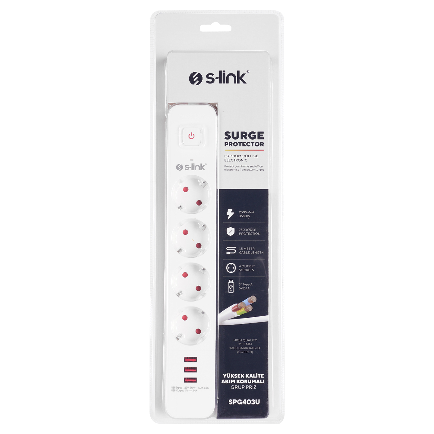 S-link 4lü Anahtarli Akim Korumali Priz SPG403U 1.5m 1.5mm 100% Bakir 750 Joule 3 Usb 5V2.4A 4lü Anahtarli Akim Korumali Priz