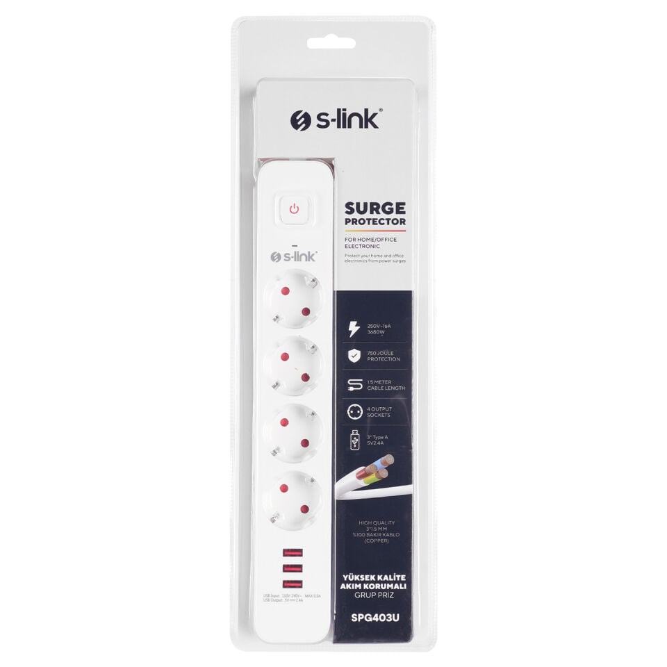 S-link 4lü Anahtarli Akim Korumali Priz SPG403U 1.5m 1.5mm 100% Bakir 750 Joule 3 Usb 5V2.4A 4lü Anahtarli Akim Korumali Priz