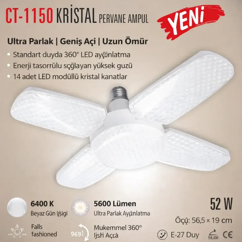 CATA CT-1150 Kristal Pervane Led Ampul 52W Beyaz Isik