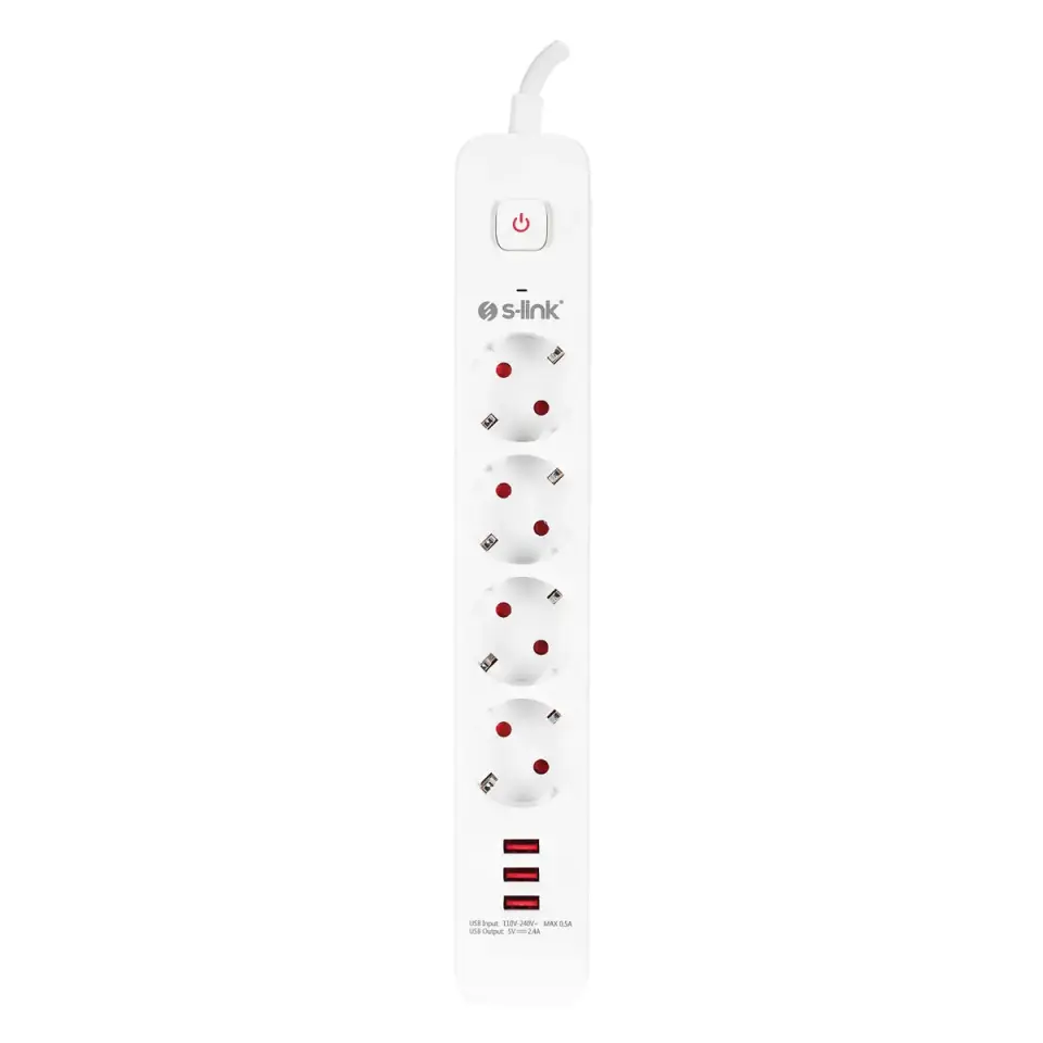 S-link 4lü Anahtarli Akim Korumali Priz SPG403U 1.5m 1.5mm 100% Bakir 750 Joule 3 Usb 5V2.4A 4lü Anahtarli Akim Korumali Priz