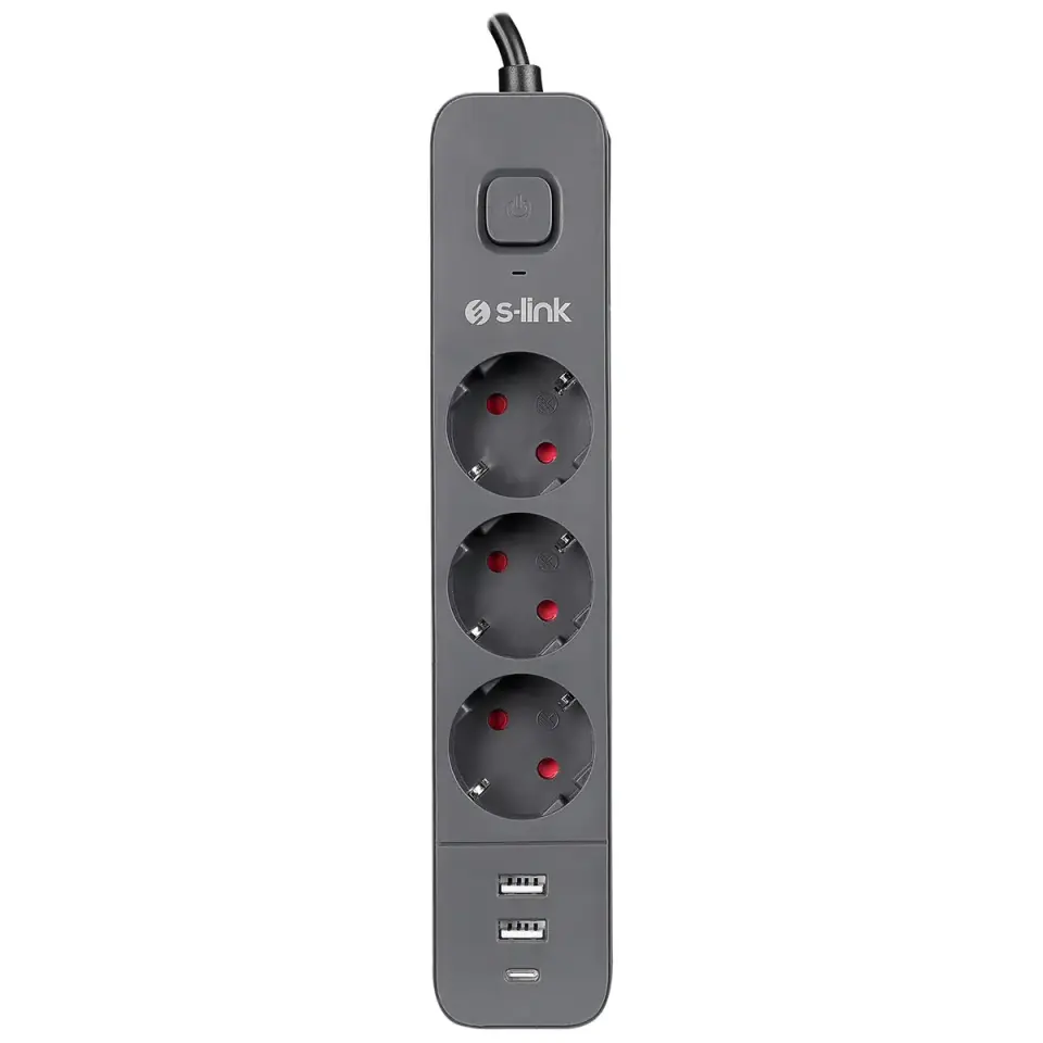 S-link SPG03U 2 Usb +1Type C 5V2.4A 1.5m 3x1.00mm 100% Bakir 750 Joule 3 lü Anahtarli Akim Korumali Siyah Priz