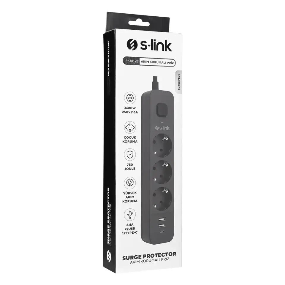 S-link SPG03U 2 Usb +1Type C 5V2.4A 1.5m 3x1.00mm 100% Bakir 750 Joule 3 lü Anahtarli Akim Korumali Siyah Priz
