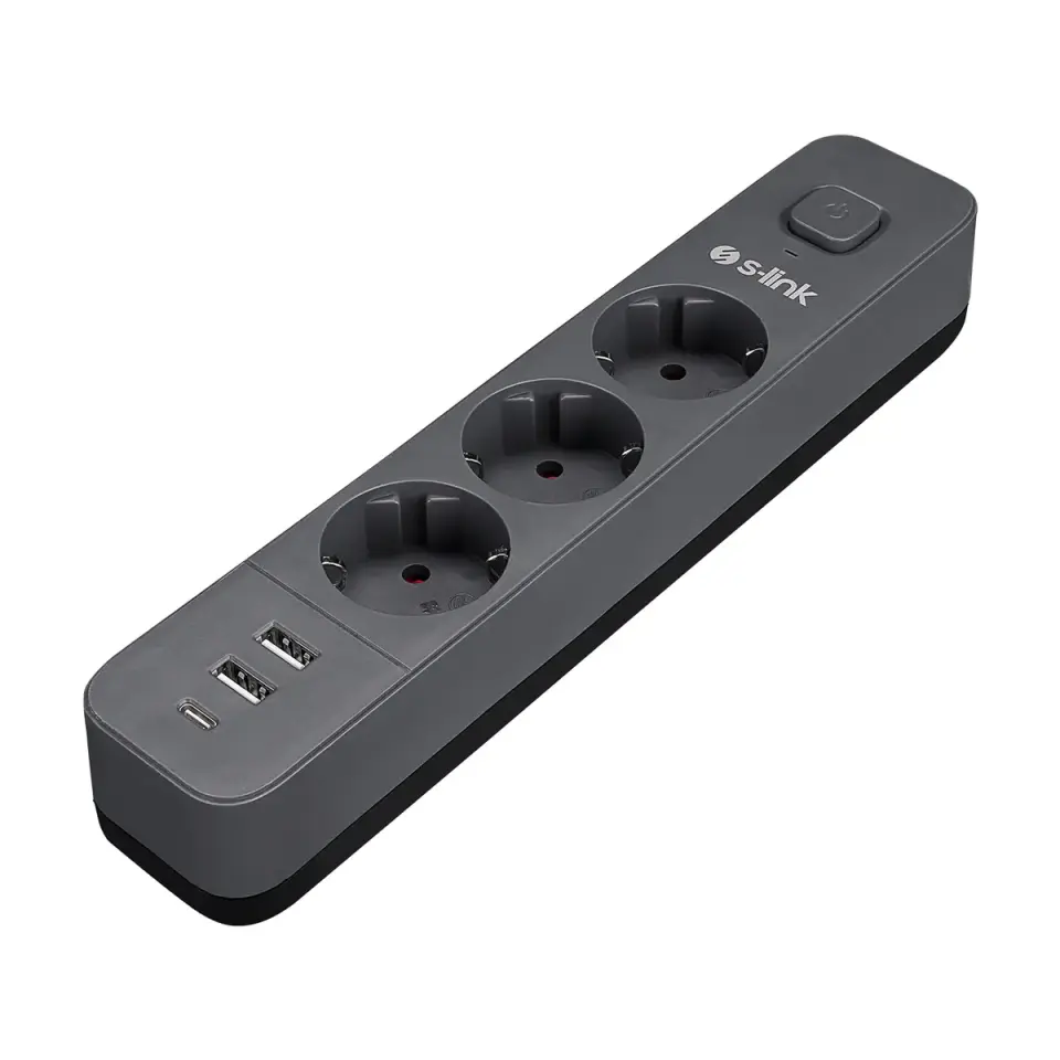 S-link SPG03U 2 Usb +1Type C 5V2.4A 1.5m 3x1.00mm 100% Bakir 750 Joule 3 lü Anahtarli Akim Korumali Siyah Priz